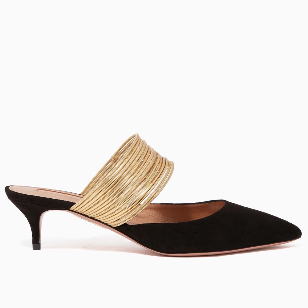 Aquazzura Randez Vous Suede Kitten Heel Pump in Black / Gold - 39.5 / US 9.5